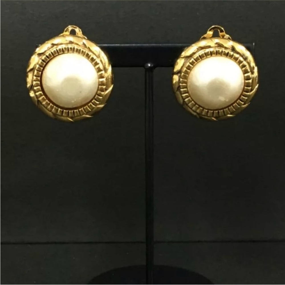 CHANEL Gold and Cream Statement Earrings with Pearl Accents